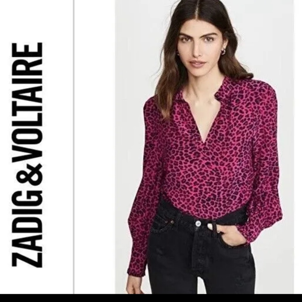 Women’s Zadig & Voltaire Fuchsia & Black Tiger Print Leo Framboise Blouse Sz Med
